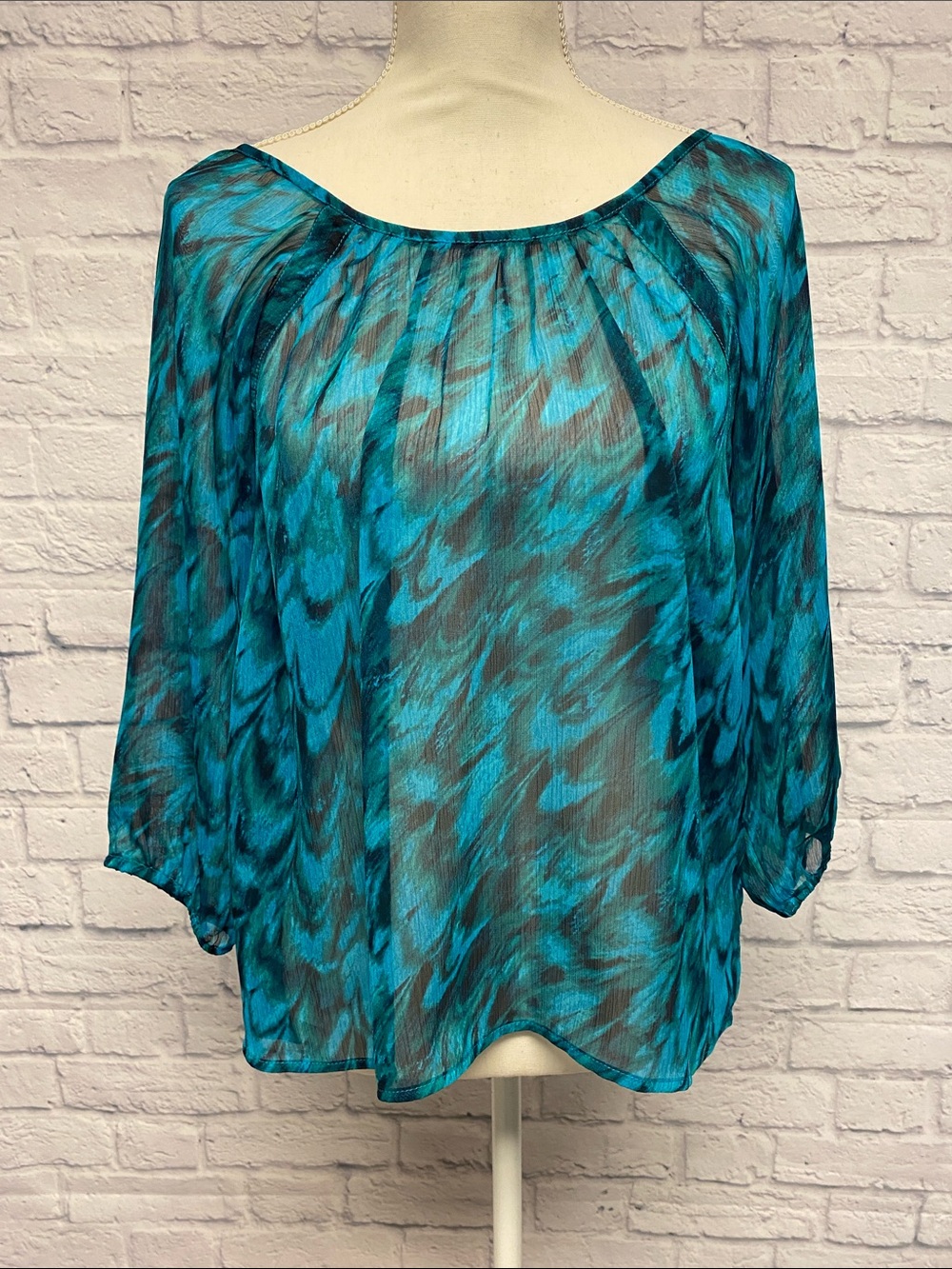 Express Teal & Black Sheer Scoop Neck Dolman Sleeve Blouse Size Small
